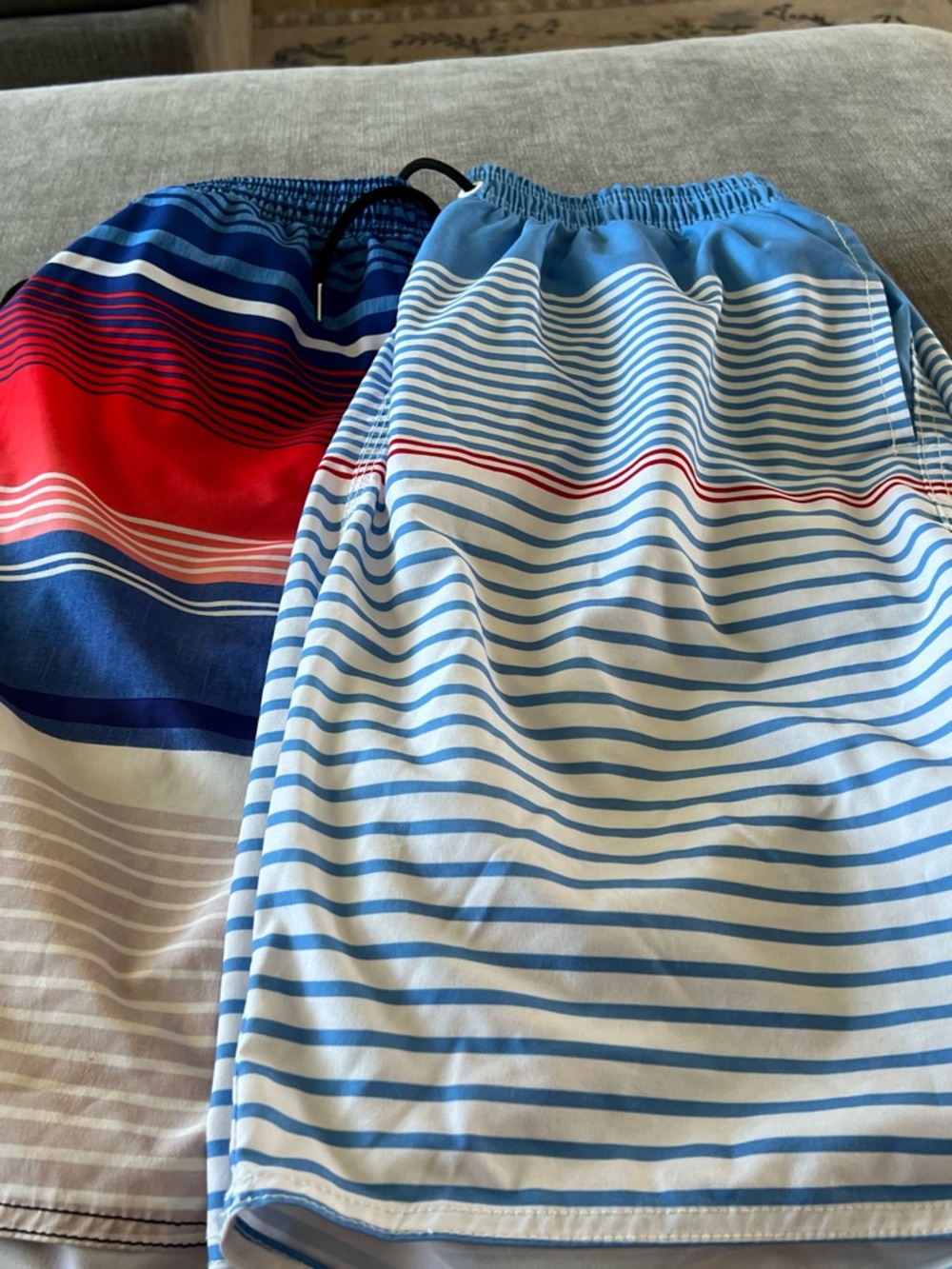Men's Blue & White Striped Swim Board Shorts with Red Accent